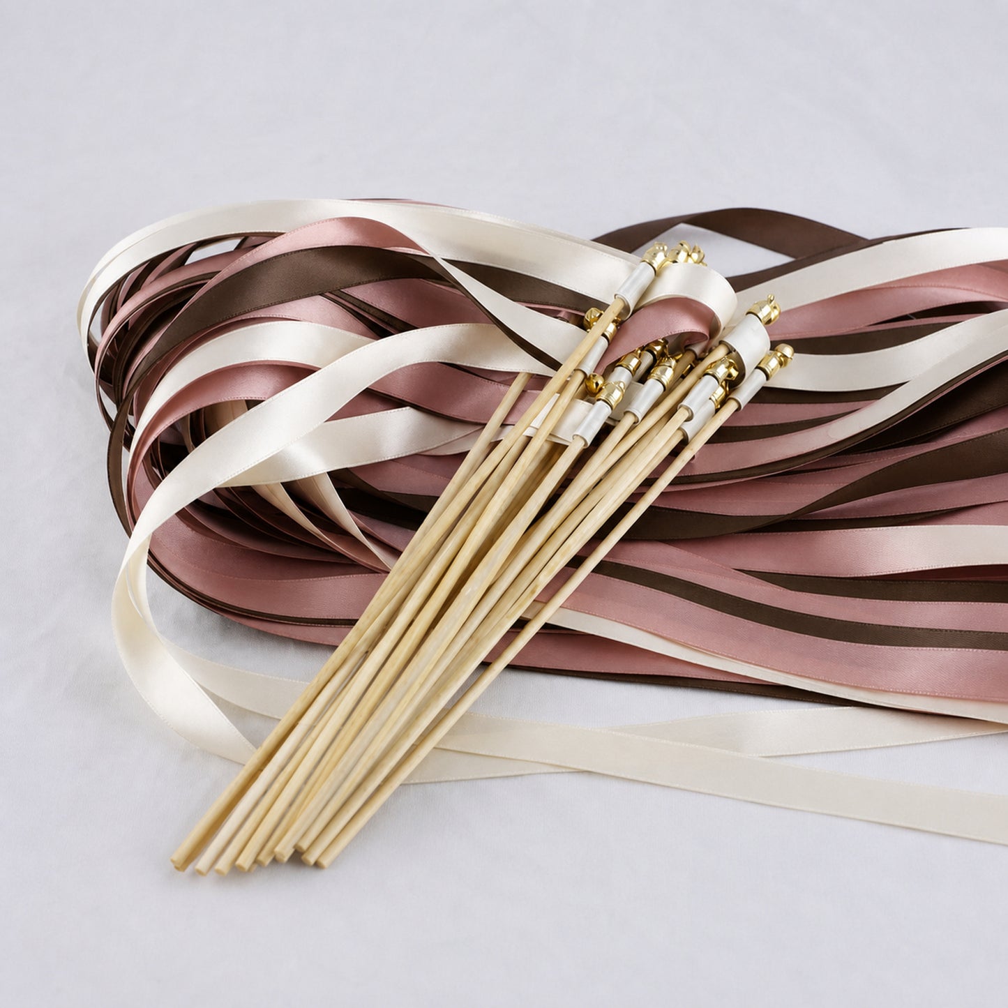 Handmade Off White, Rosewood and Cocoa Wedding Ribbon Wands with Bell - Rosewood Cocoa