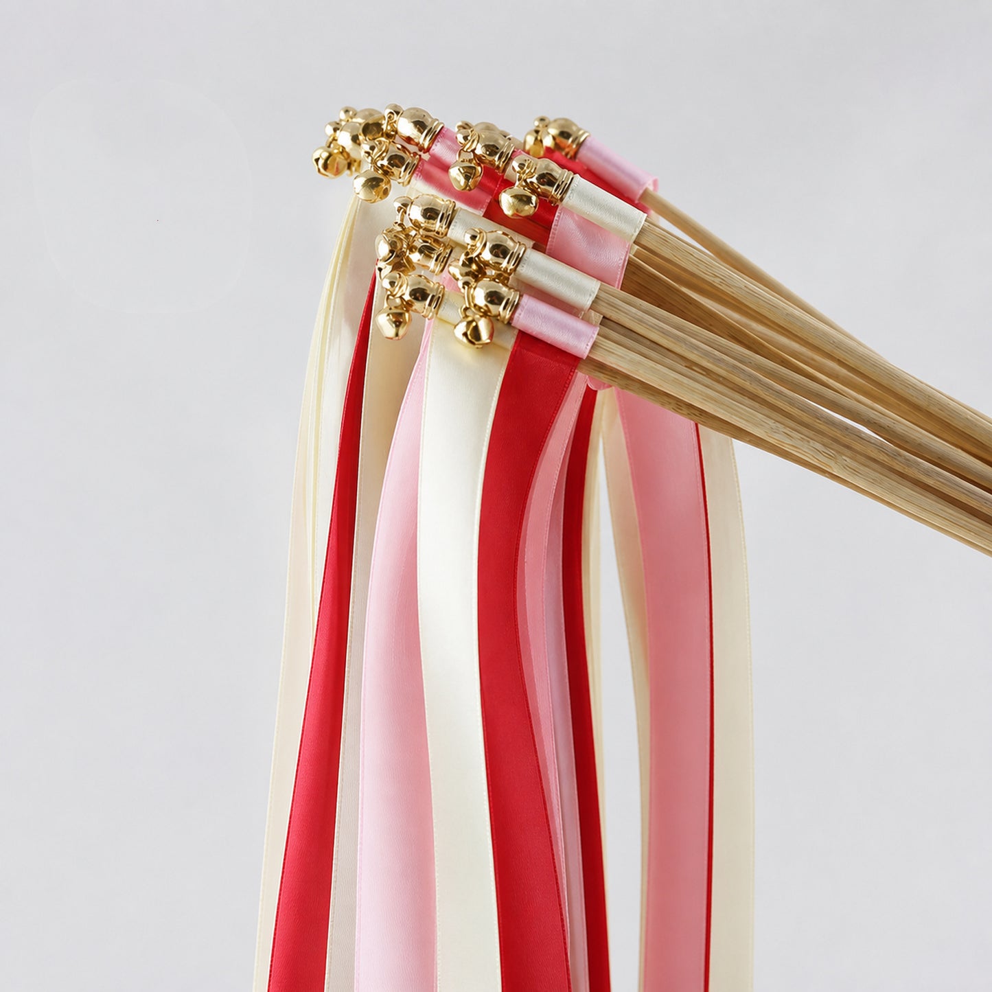Classic Red Blush Ribbon Wedding Wands - Ivory, Red and Light Pink Triple Ribbon and Bell