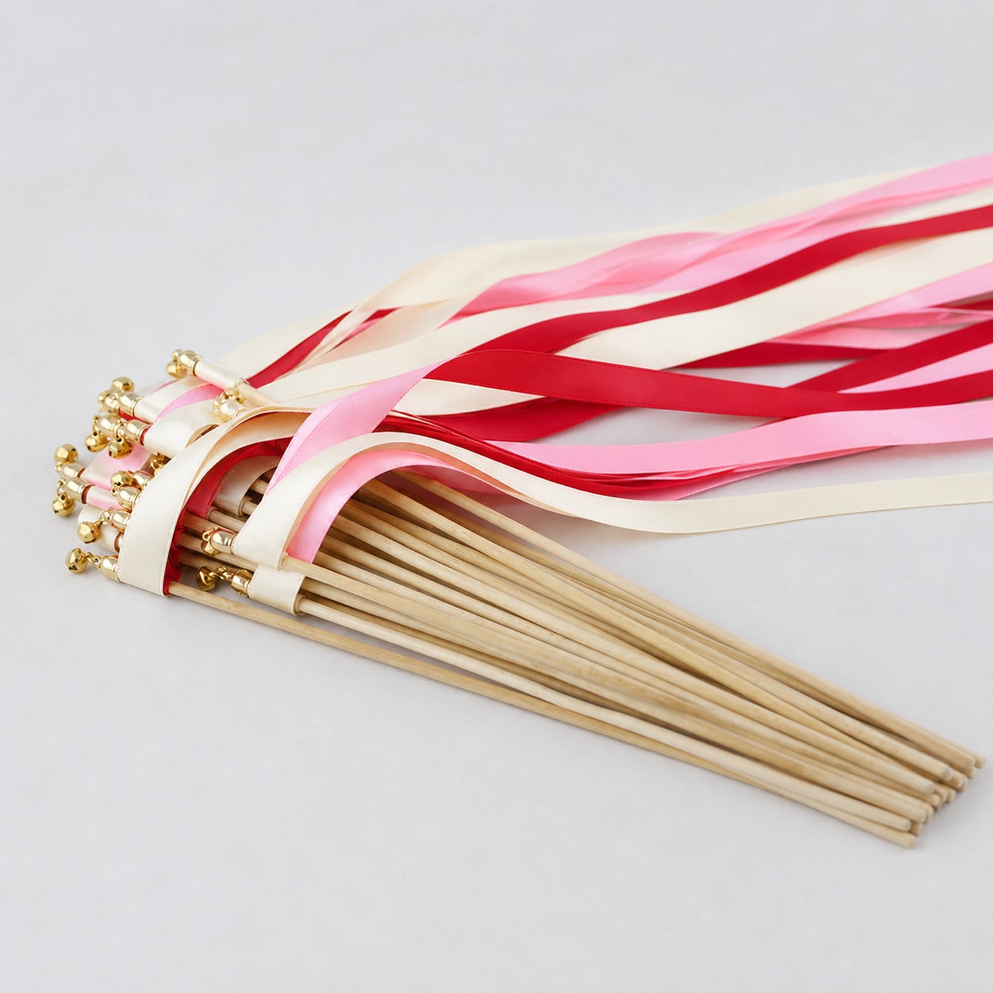 Classic Red Blush Ribbon Wedding Wands - Ivory, Red and Light Pink Triple Ribbon and Bell