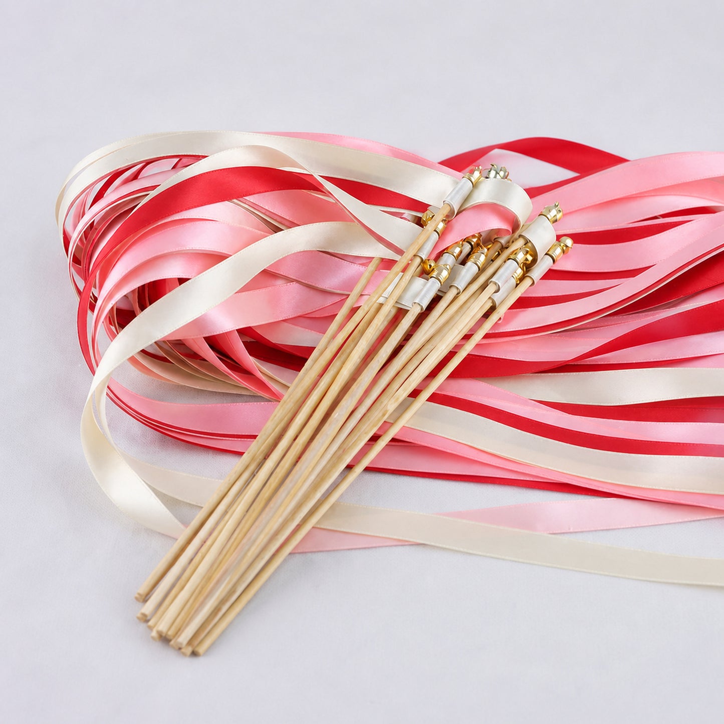 Classic Red Blush Ribbon Wedding Wands - Ivory, Red and Light Pink Triple Ribbon and Bell