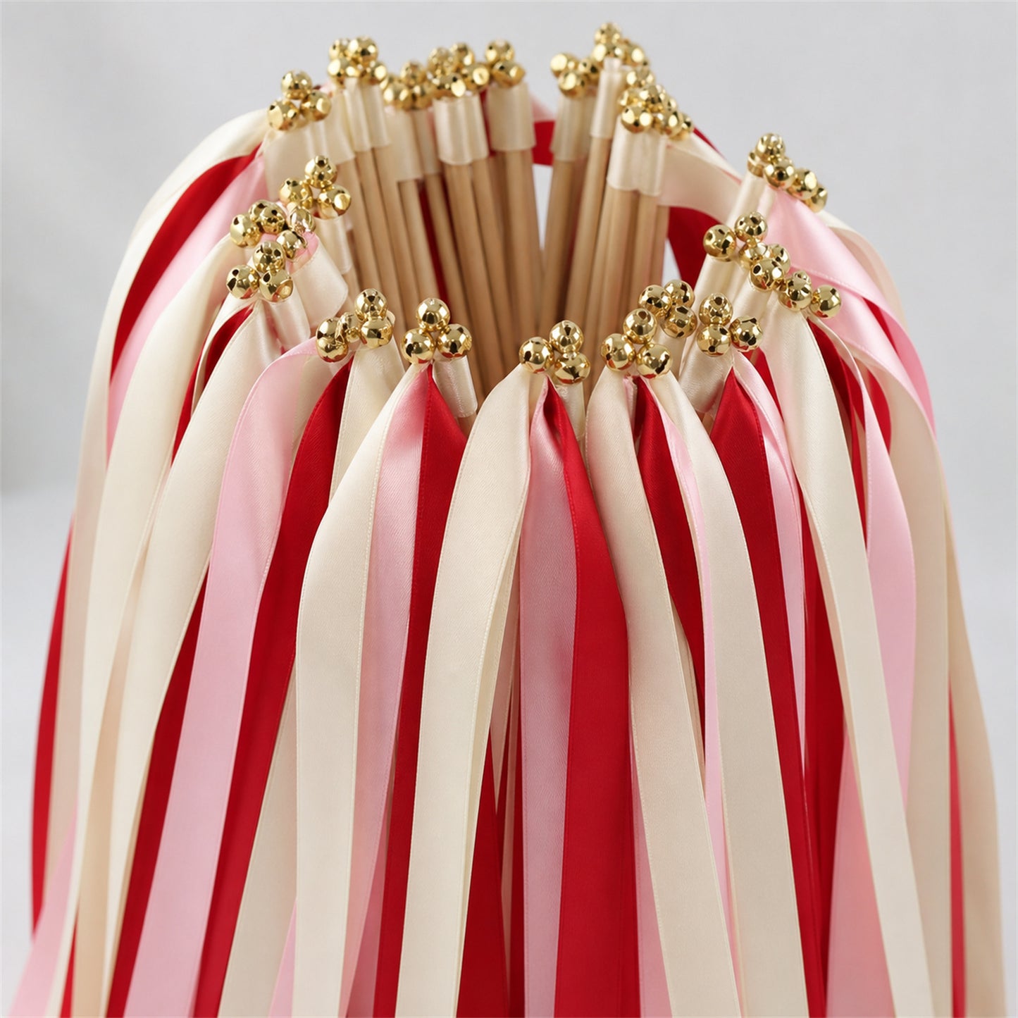 Classic Red Blush Ribbon Wedding Wands - Ivory, Red and Light Pink Triple Ribbon and Bell