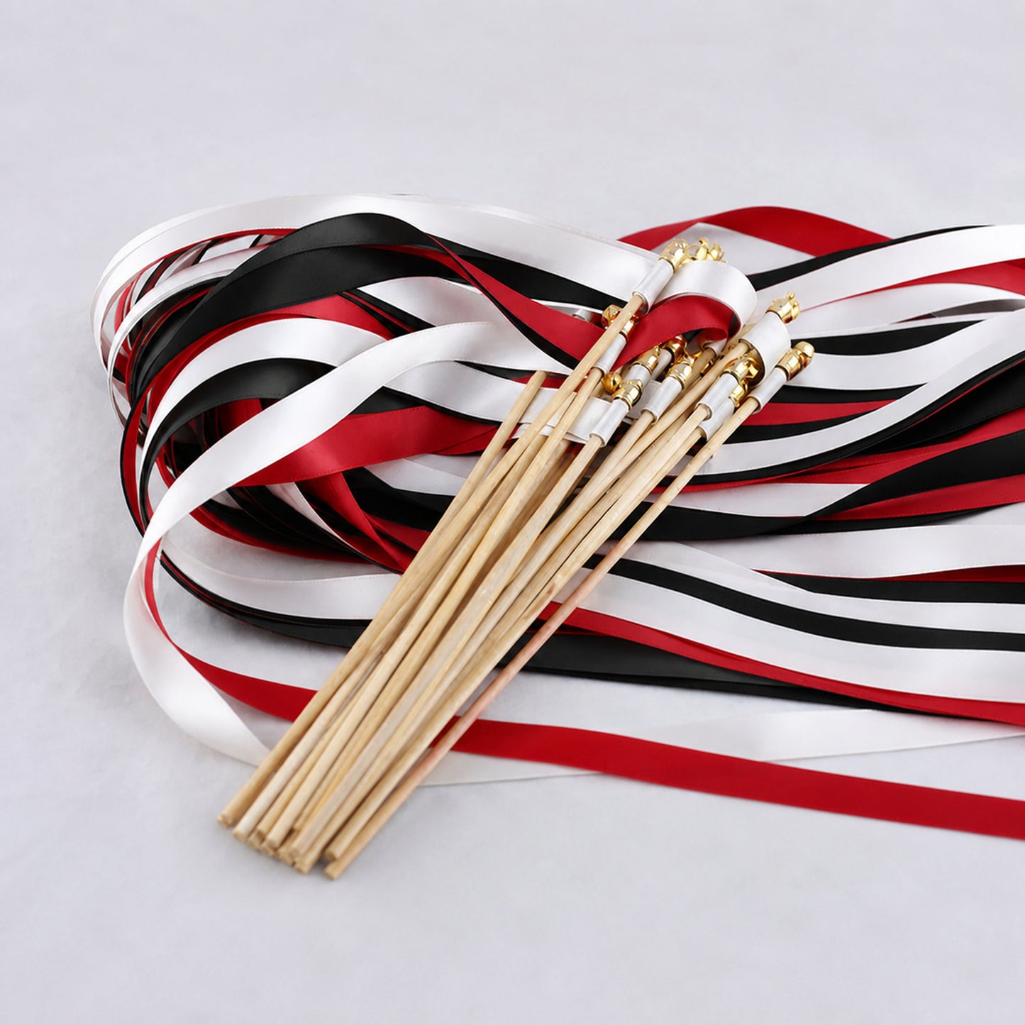 White, Scarlet and Black Wedding Exit Ribbon Wands with Bell - Scarlet Noir