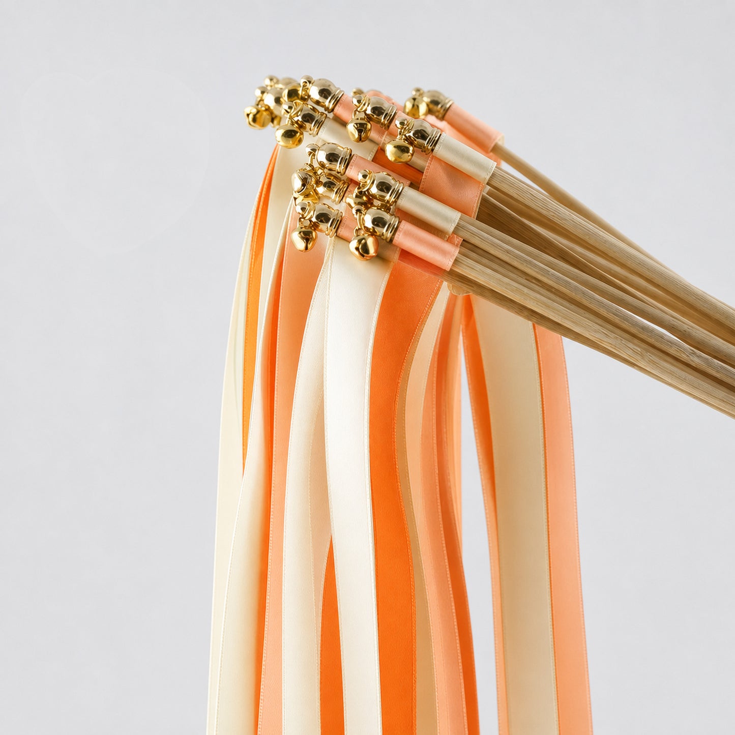 Citrus Peach Wedding Ribbon Wands with Bell - Cream, Orange and Peach