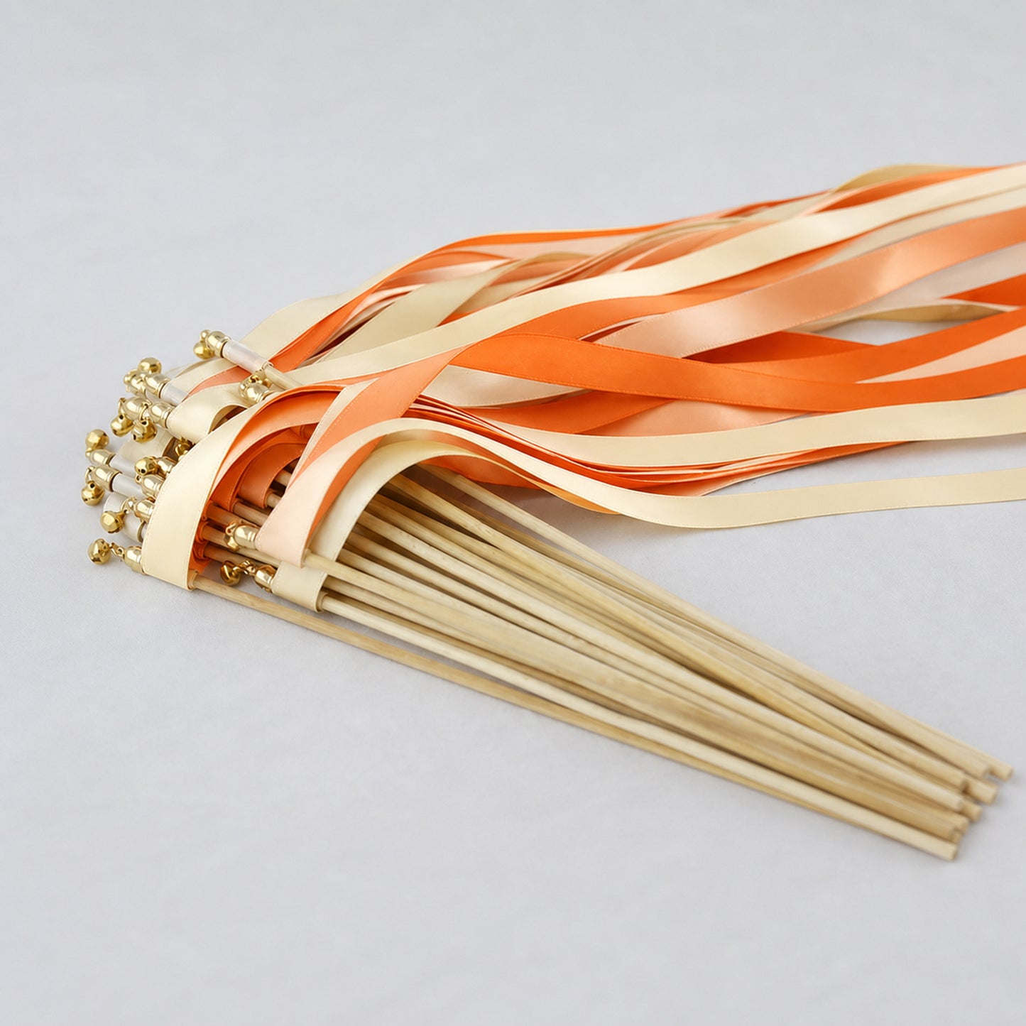 Citrus Peach Wedding Ribbon Wands with Bell - Cream, Orange and Peach