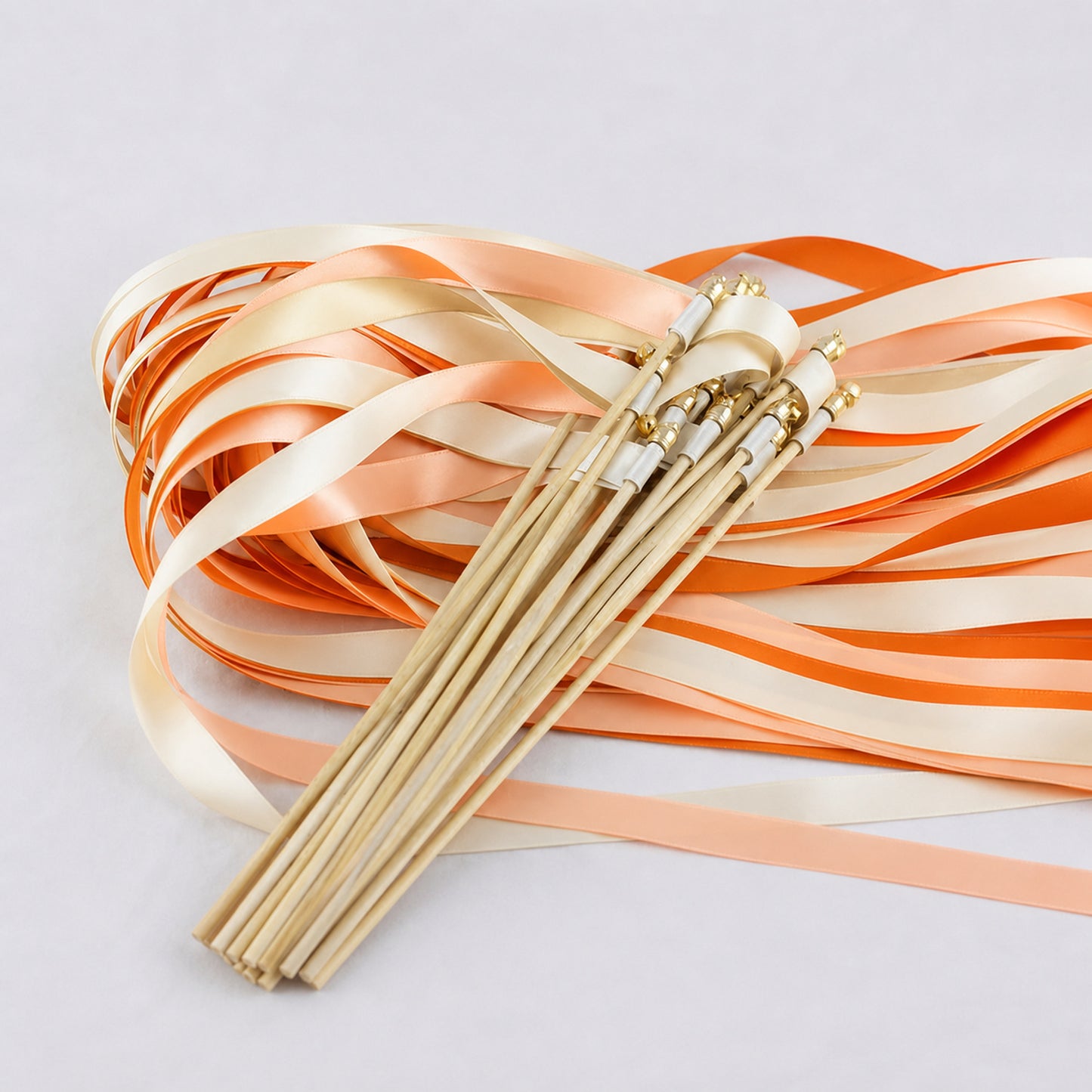 Citrus Peach Wedding Ribbon Wands with Bell - Cream, Orange and Peach