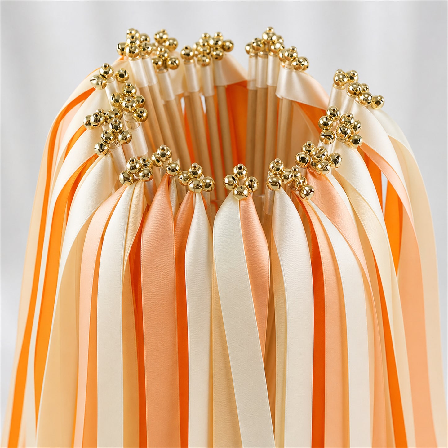 Citrus Peach Wedding Ribbon Wands with Bell - Cream, Orange and Peach
