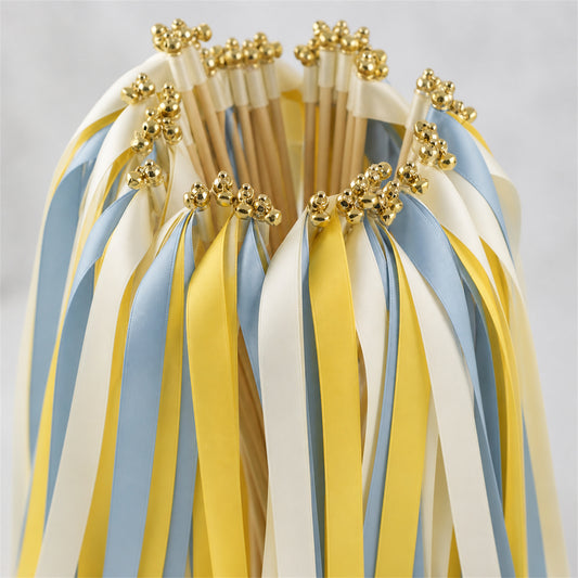 Ivory, Yellow and Dusty Blue Handmade Ribbon Wands - Sunshine and Sky Wedding Send-Off