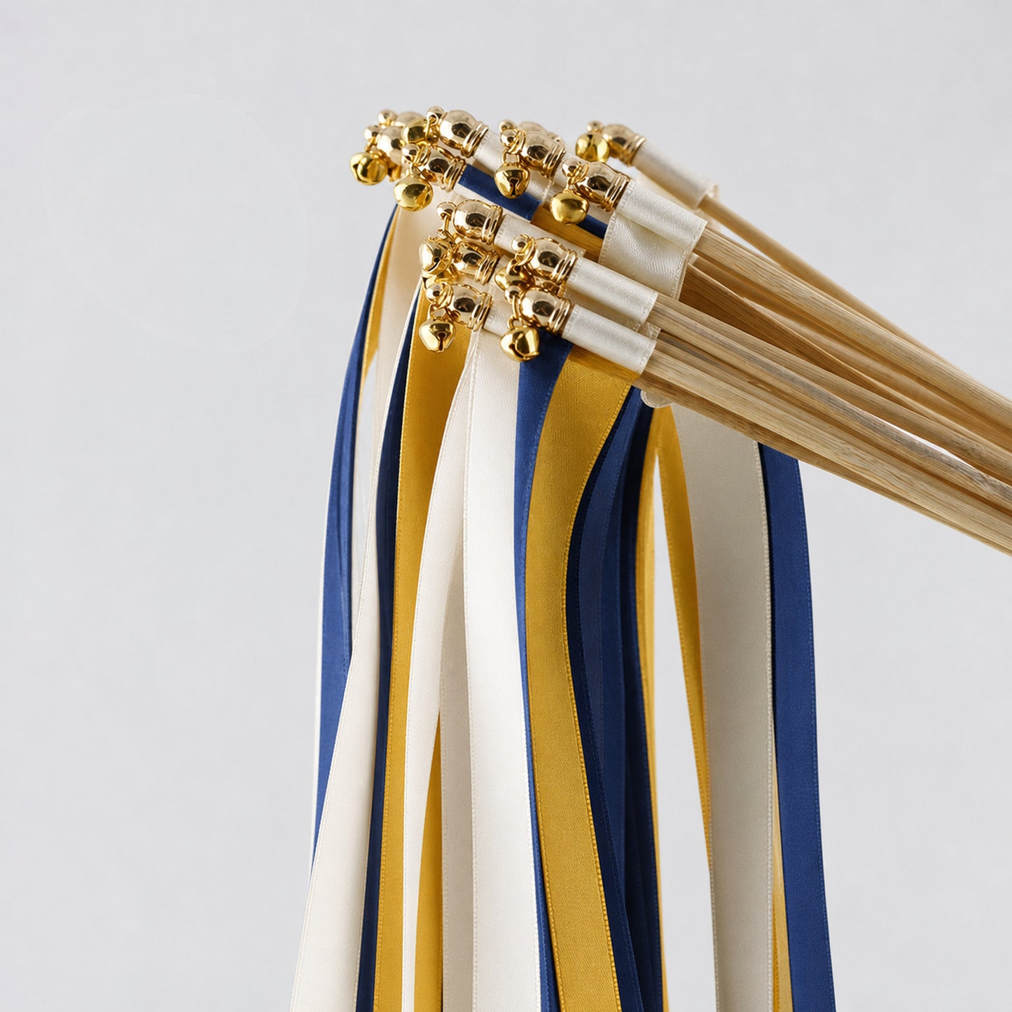 Golden Navy Wedding Send-Off Wands - Triple Satin Ribbon in Off White, Golden Yellow and Navy