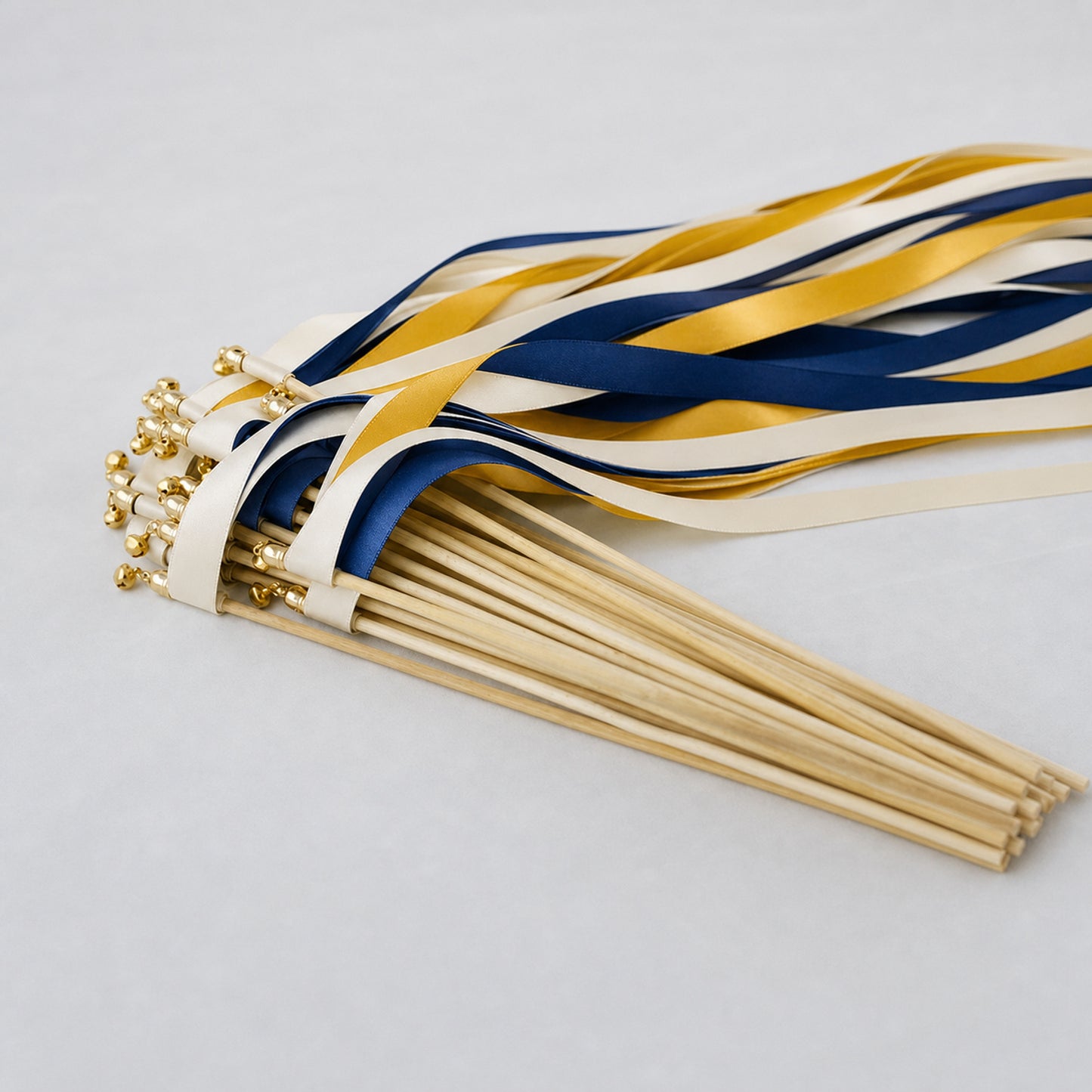 Golden Navy Wedding Send-Off Wands - Triple Satin Ribbon in Off White, Golden Yellow and Navy
