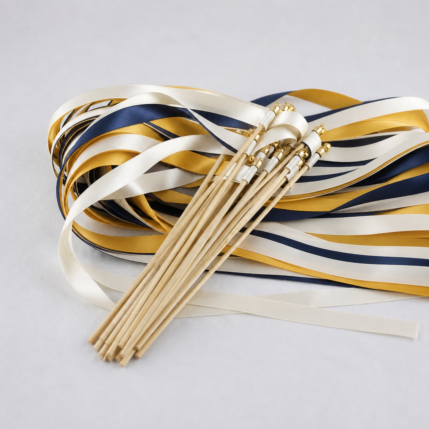 Golden Navy Wedding Send-Off Wands - Triple Satin Ribbon in Off White, Golden Yellow and Navy