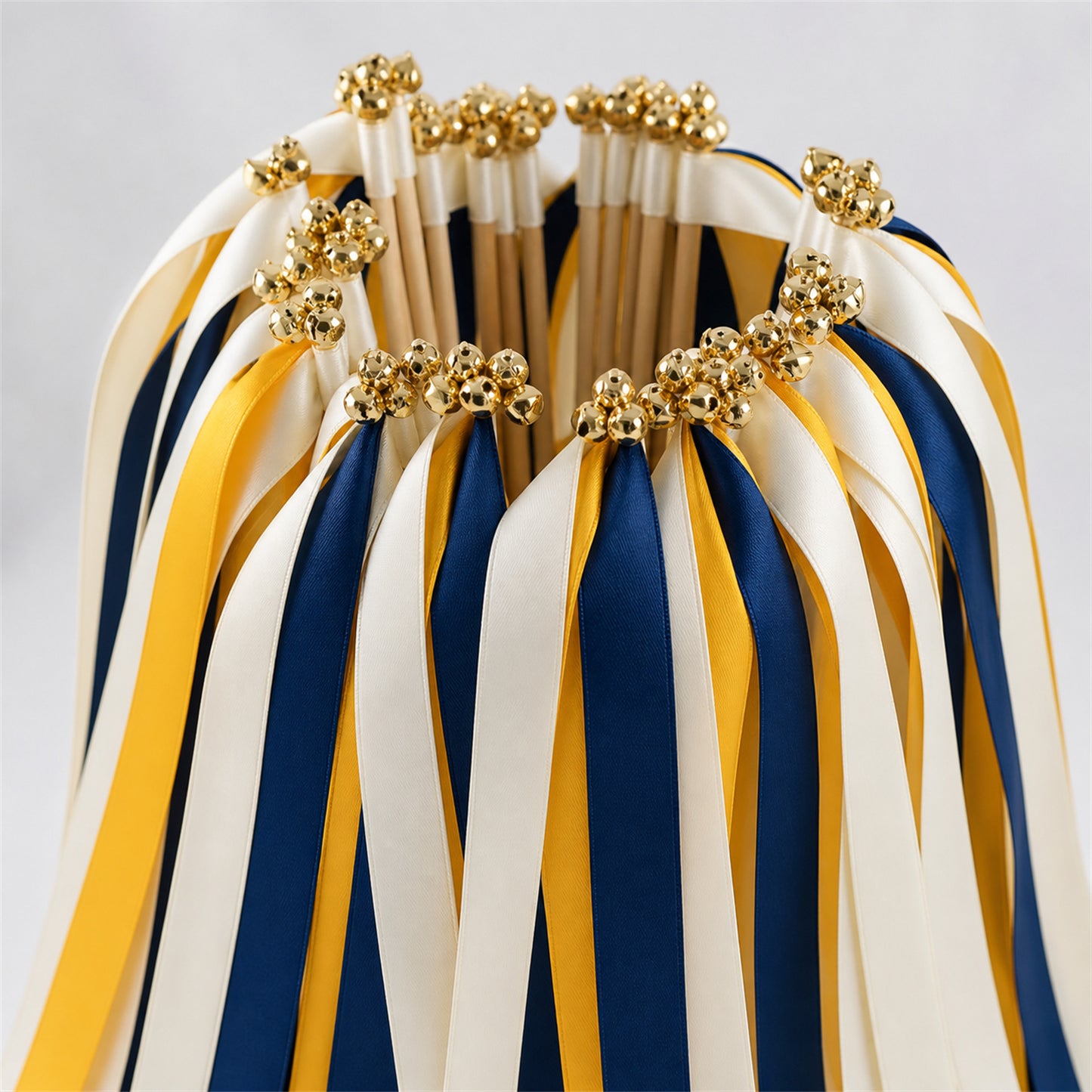 Golden Navy Wedding Send-Off Wands - Triple Satin Ribbon in Off White, Golden Yellow and Navy