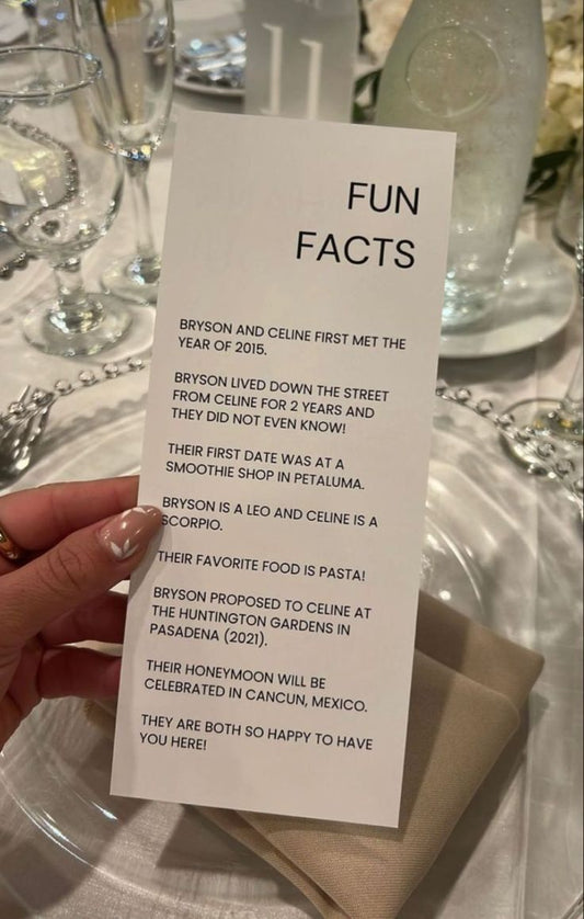 100 Personalized Wedding Fun Facts Cards | Custom Couple Story Cards for Reception Tables