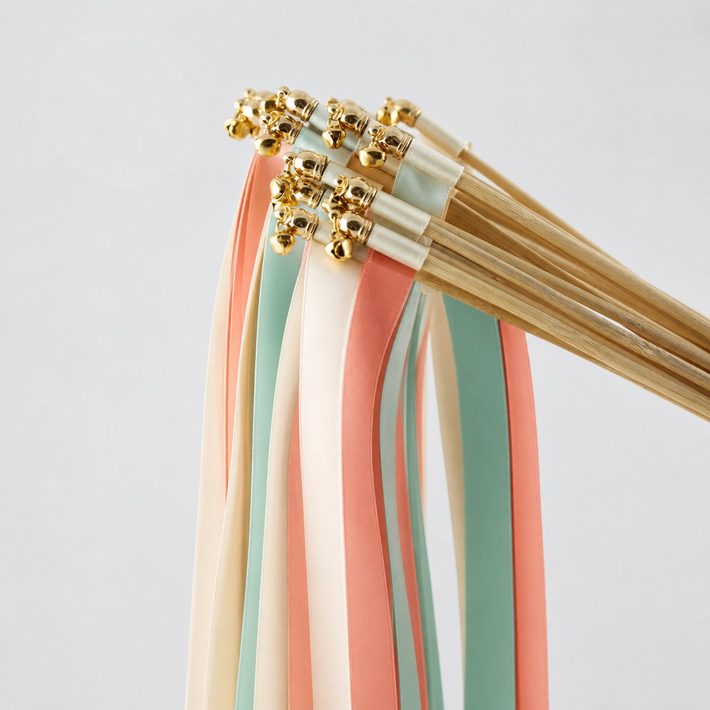 Handmade Ivory, Coral and Seamist Wedding Ribbon Wands with Bell - Coral Seamist