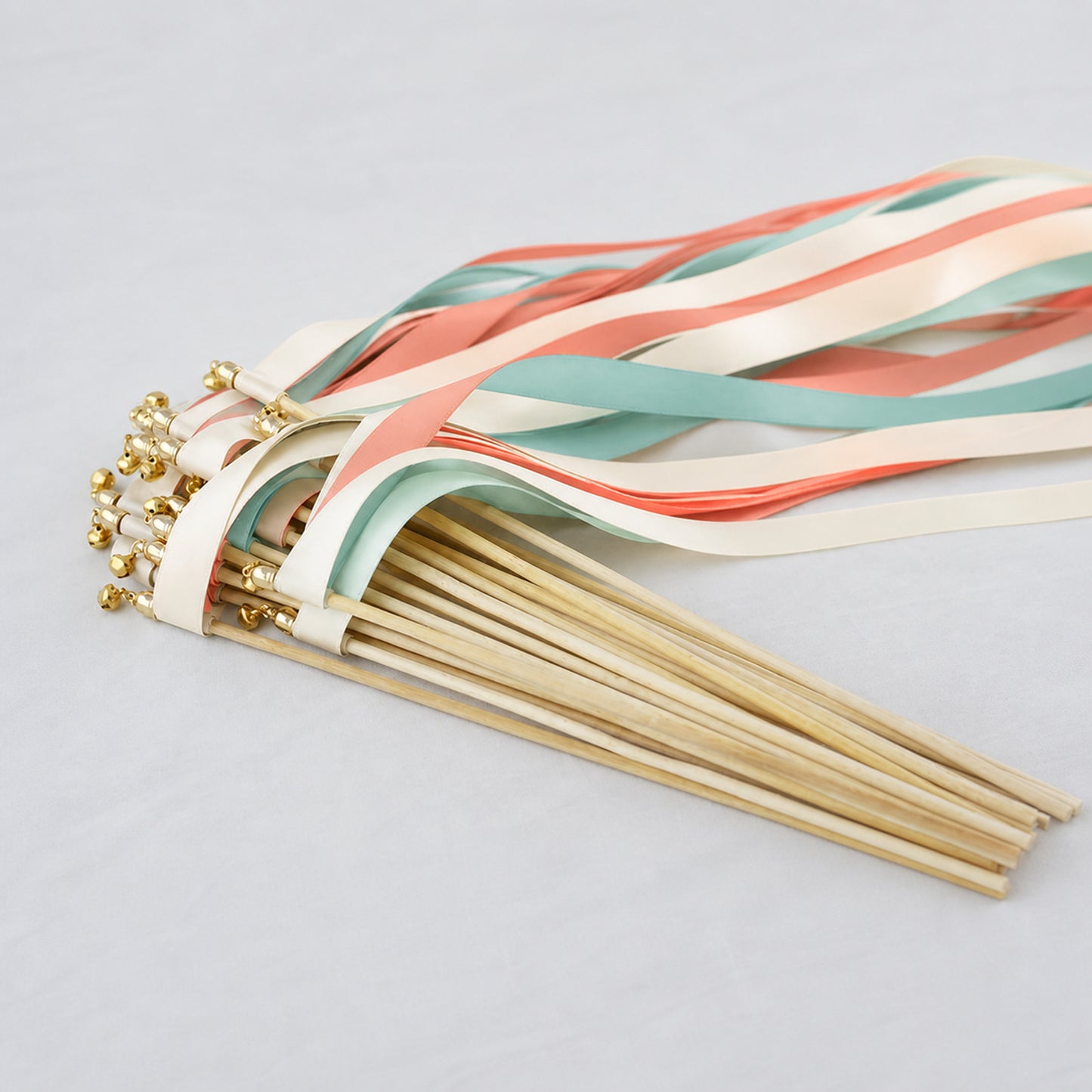 Handmade Ivory, Coral and Seamist Wedding Ribbon Wands with Bell - Coral Seamist