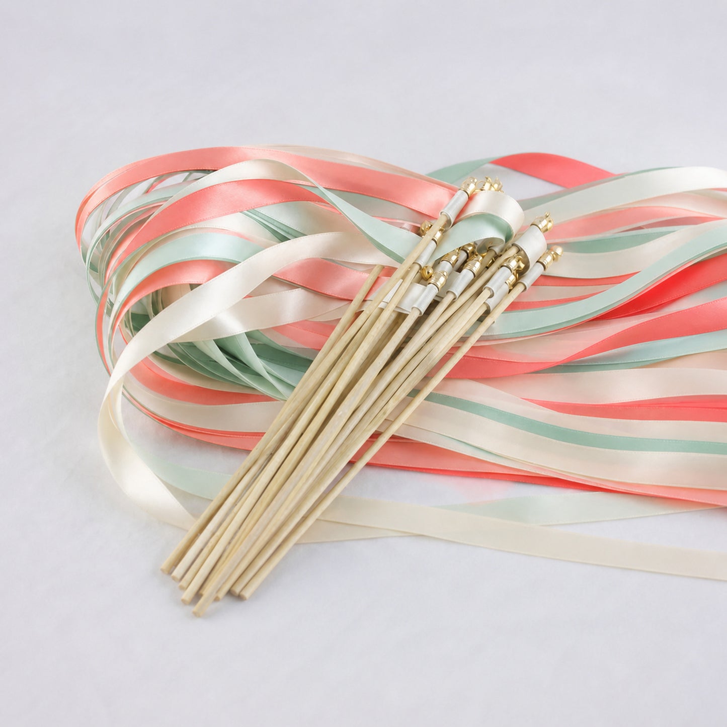 Handmade Ivory, Coral and Seamist Wedding Ribbon Wands with Bell - Coral Seamist