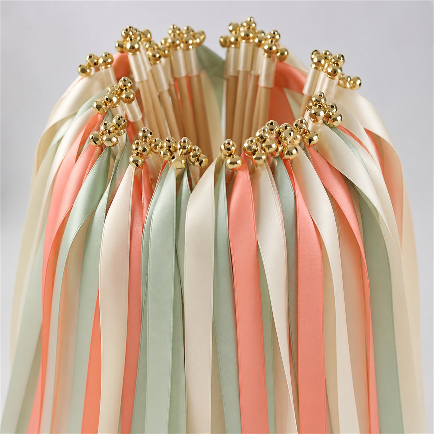 Handmade Ivory, Coral and Seamist Wedding Ribbon Wands with Bell - Coral Seamist