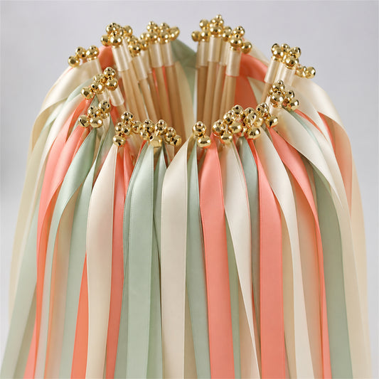 Handmade Ivory, Coral and Seamist Wedding Ribbon Wands with Bell - Coral Seamist