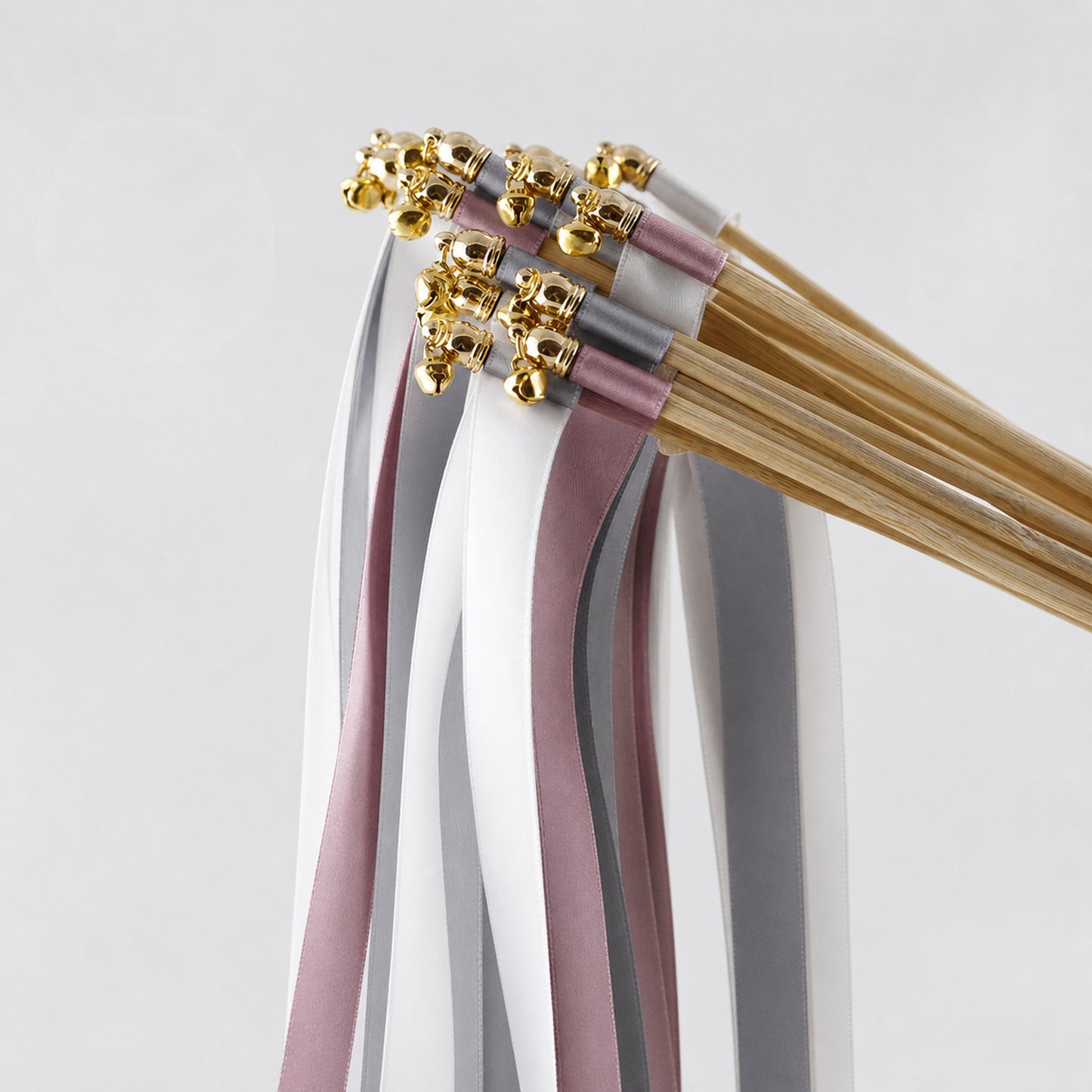 Modern Mauve Gray Ribbon Wedding Wands - White, Gray and Antique Mauve Triple Ribbon and Bell