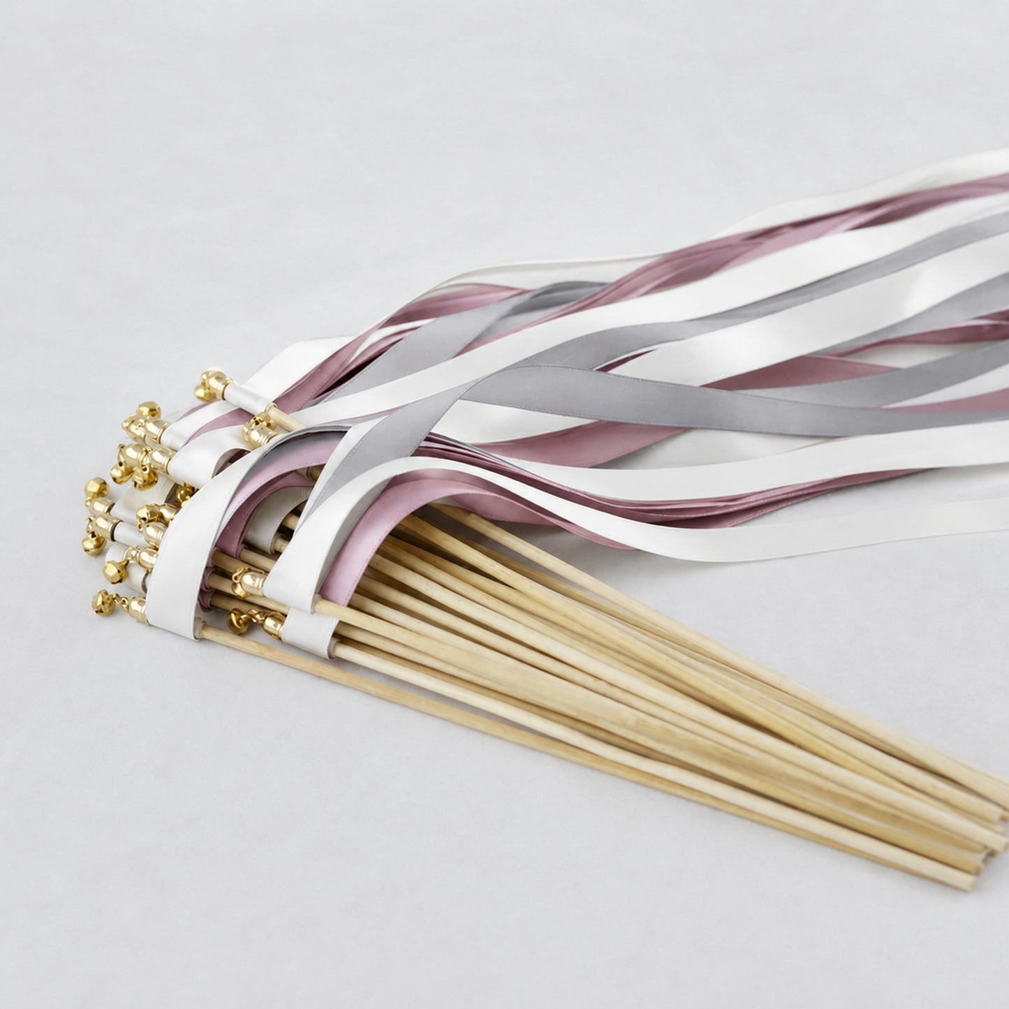 Modern Mauve Gray Ribbon Wedding Wands - White, Gray and Antique Mauve Triple Ribbon and Bell