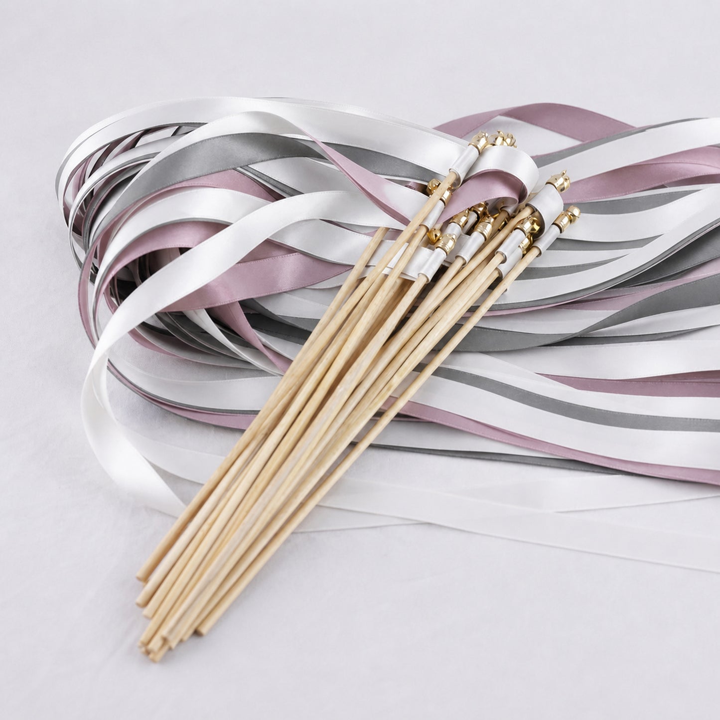 Modern Mauve Gray Ribbon Wedding Wands - White, Gray and Antique Mauve Triple Ribbon and Bell