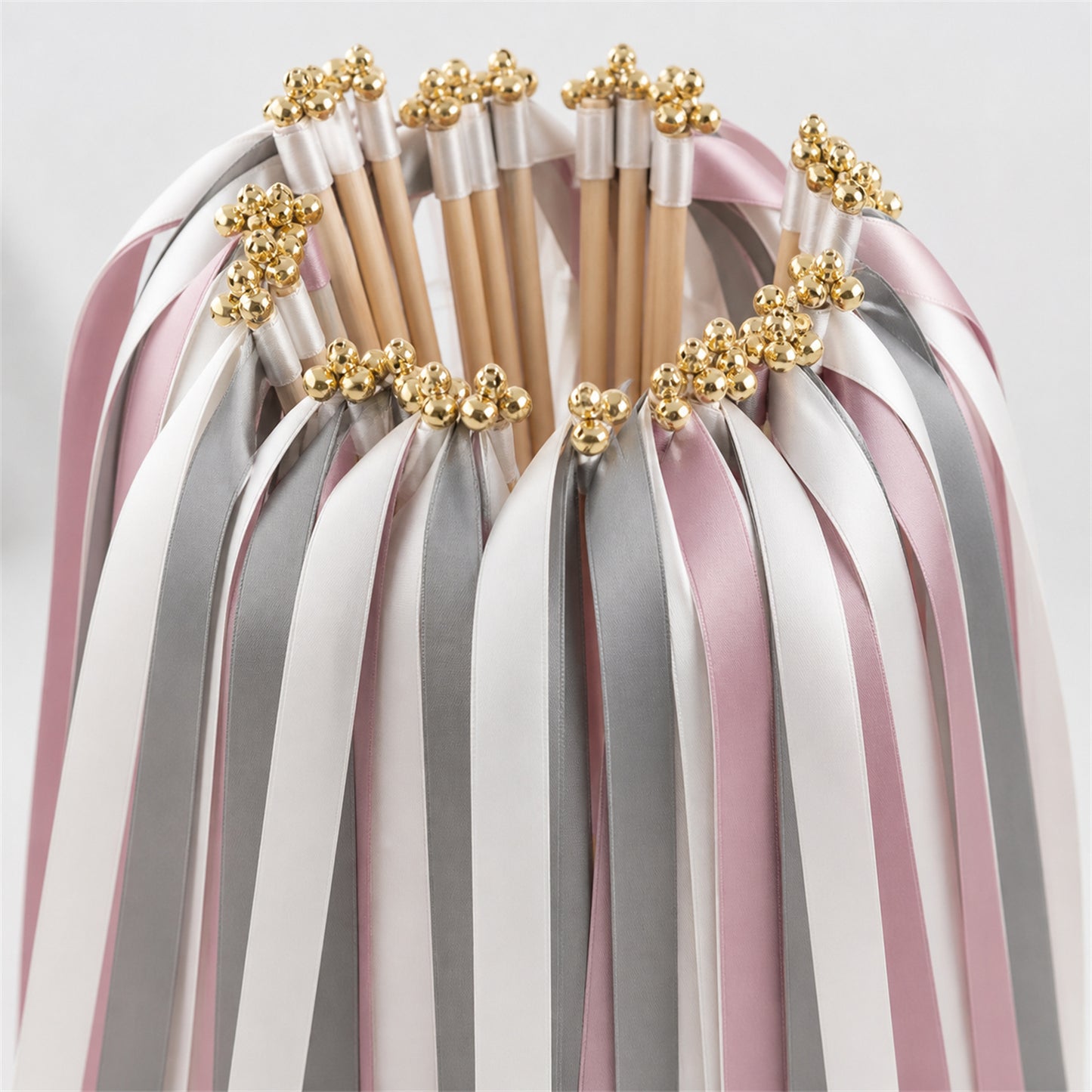 Modern Mauve Gray Ribbon Wedding Wands - White, Gray and Antique Mauve Triple Ribbon and Bell