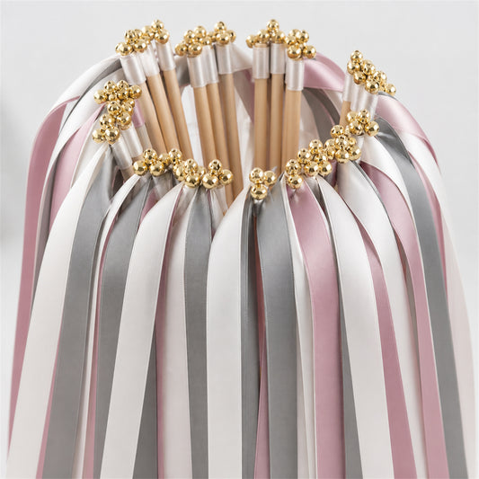 Modern Mauve Gray Ribbon Wedding Wands - White, Gray and Antique Mauve Triple Ribbon and Bell