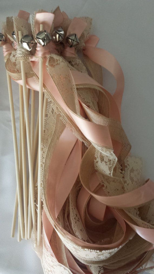 Rustic Blush Pink Burlap Lace Wedding Ribbon Wands with Silver Bells