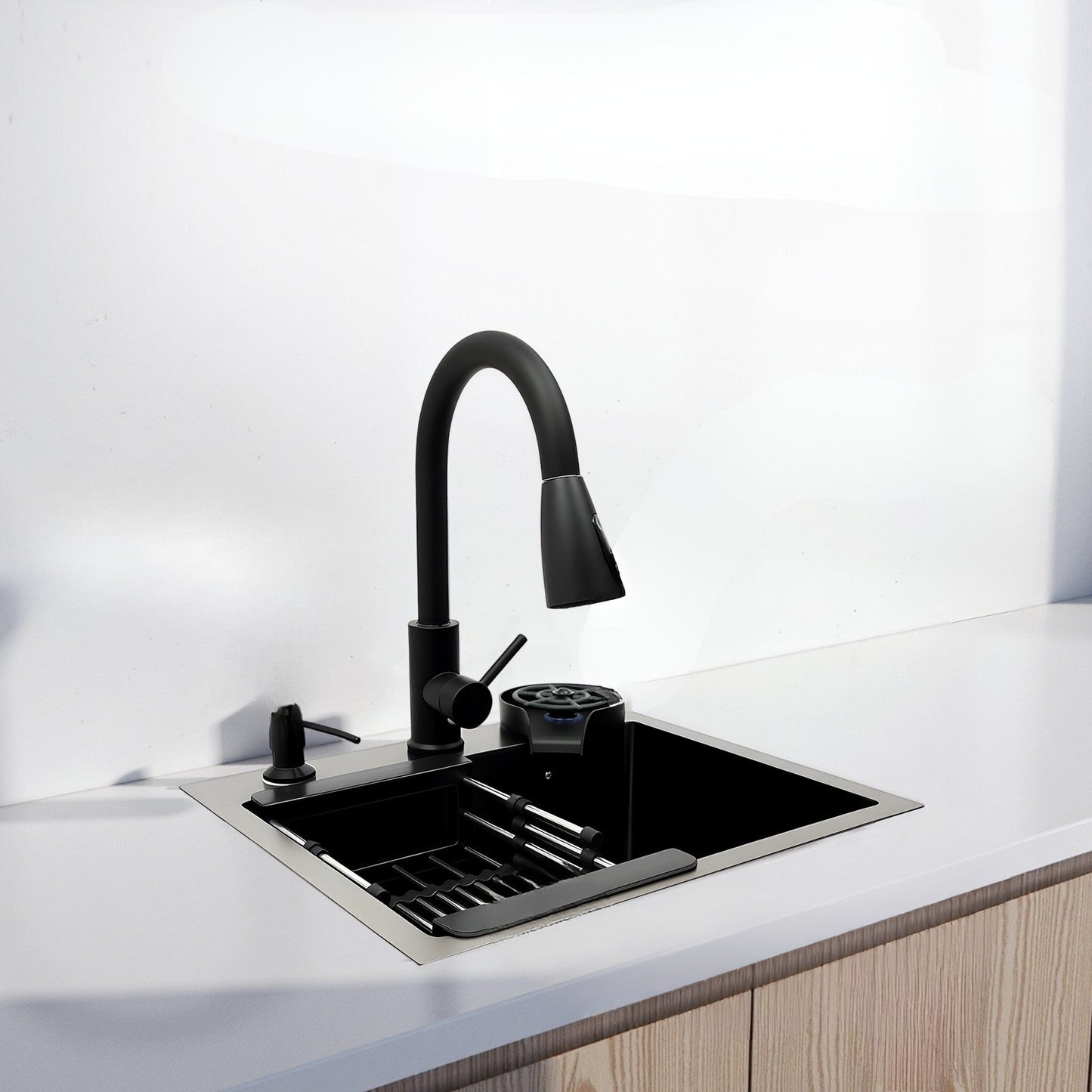 Black Stainless Steel Kitchen Sink with Integrated Accessories and Pull-Out Faucet