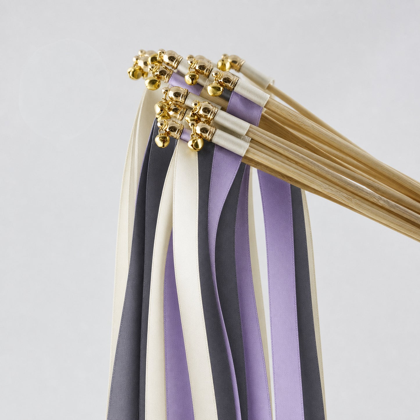 Ivory, Charcoal and Wisteria Wedding Exit Ribbon Wands with Bell - Charcoal Wisteria
