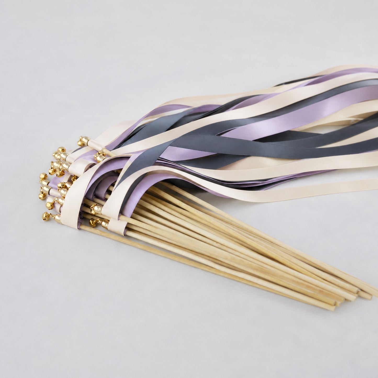 Ivory, Charcoal and Wisteria Wedding Exit Ribbon Wands with Bell - Charcoal Wisteria