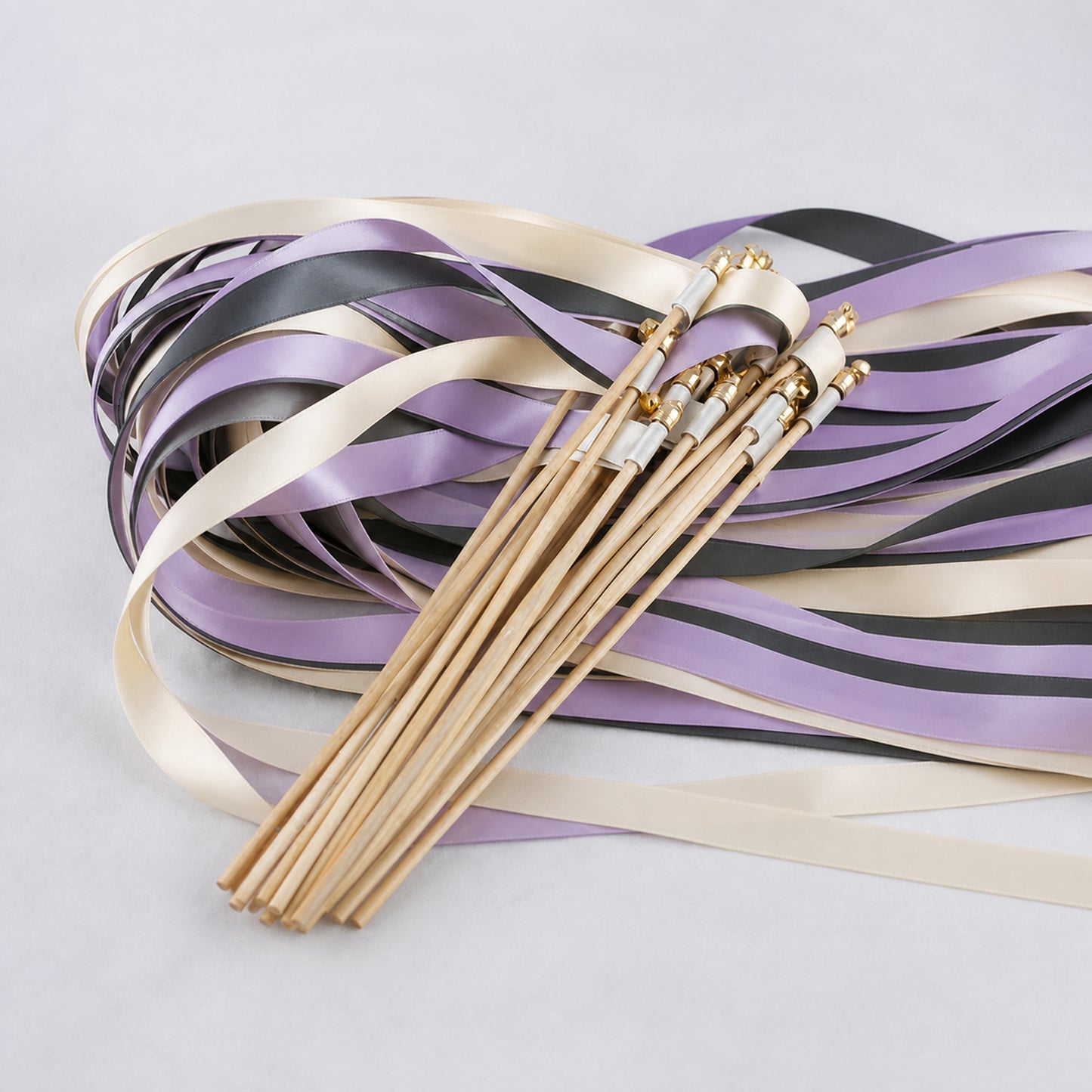 Ivory, Charcoal and Wisteria Wedding Exit Ribbon Wands with Bell - Charcoal Wisteria