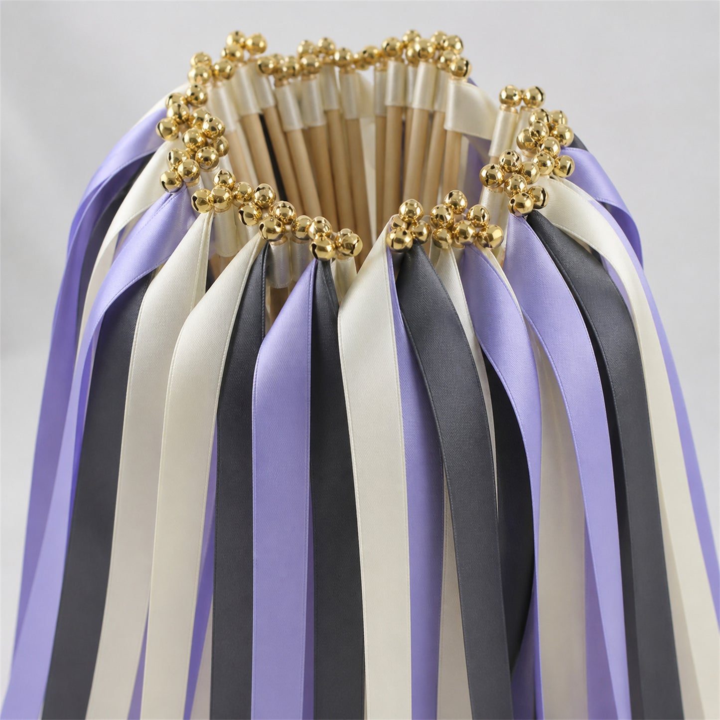 Ivory, Charcoal and Wisteria Wedding Exit Ribbon Wands with Bell - Charcoal Wisteria