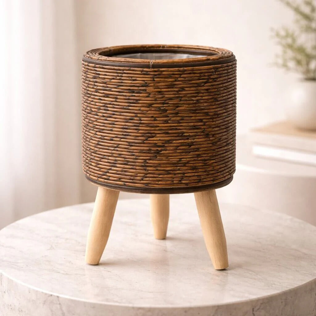Flower Planter with Wooden Stand | Woven Basket Texture | Suitable for Indoor and Outdoor | Plantara
