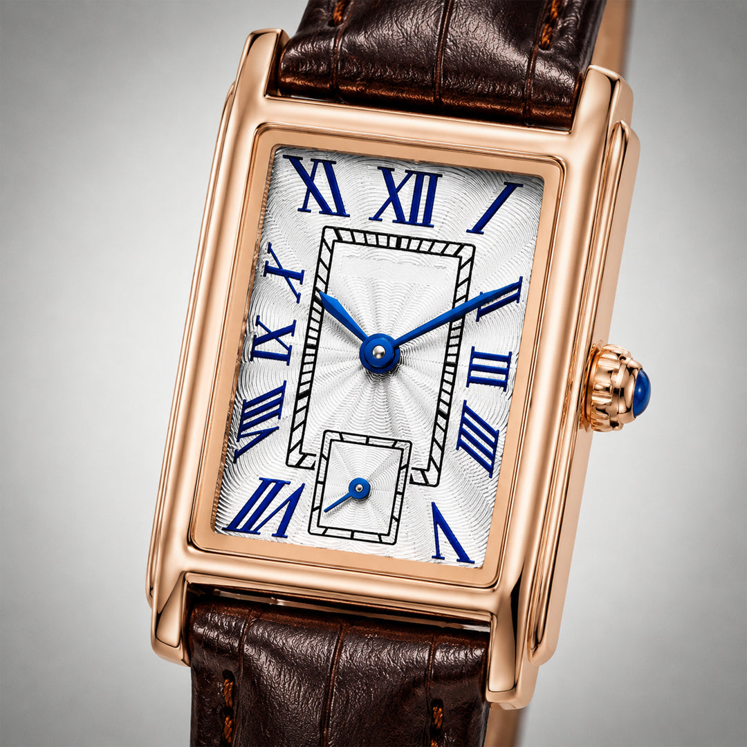 Close-up of the 1927 silver guilloche dial, blue Roman numerals and small seconds sub-dial