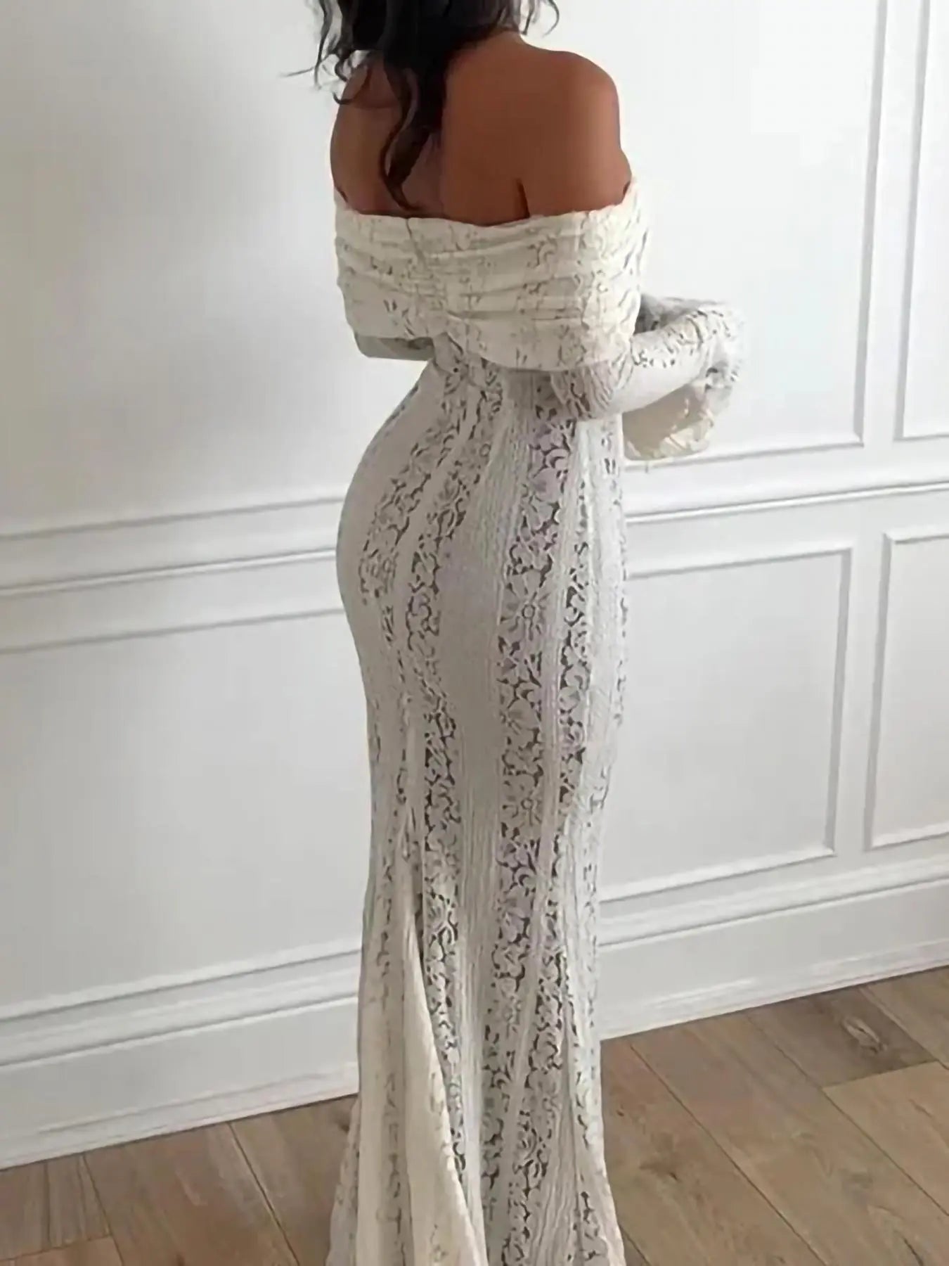 Women's Plain Contrast Lace Off Shoulder Dress, Elegant Formal Style Chic Long Sleeve Dress for Party Holiday Wedding Guest Formal Wear