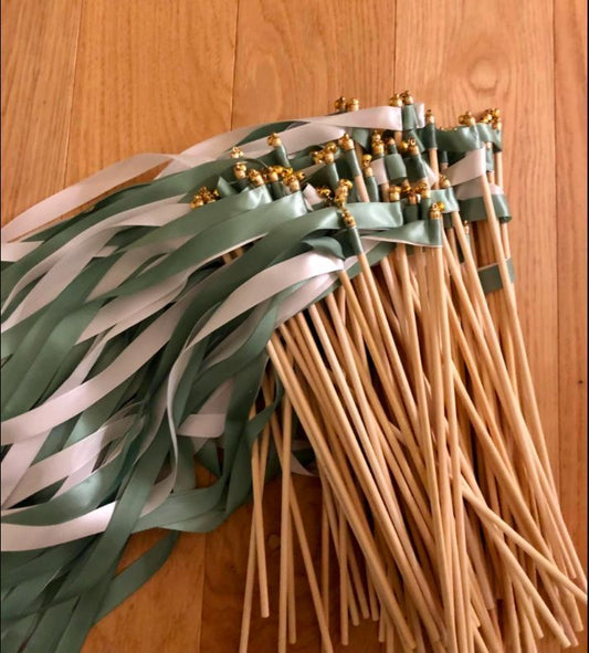 Elegant Sage Green and White Wedding Ribbon Wands with Gold Bells