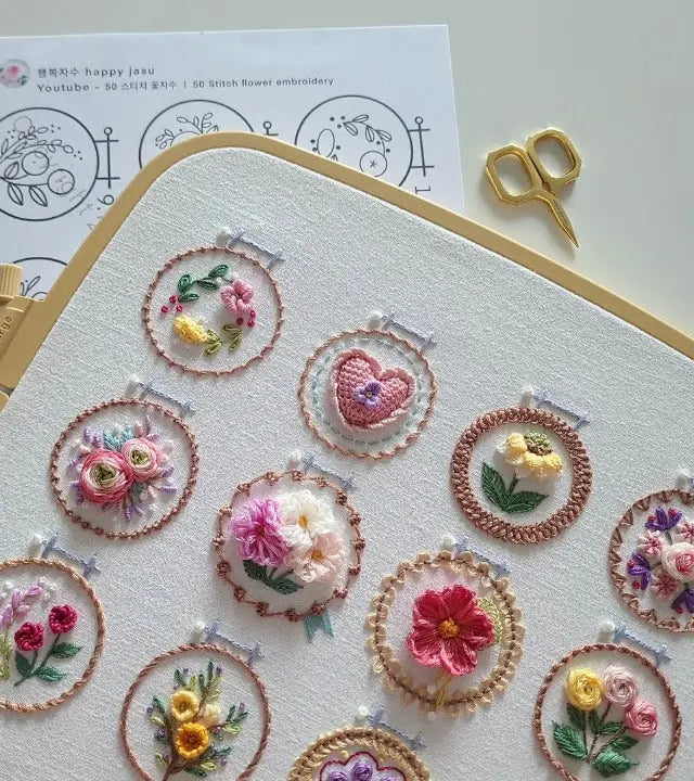 Embroidery Kit Featuring 12 Floral Designs | All-Inclusive Set | Ready for Use | NeedleNest