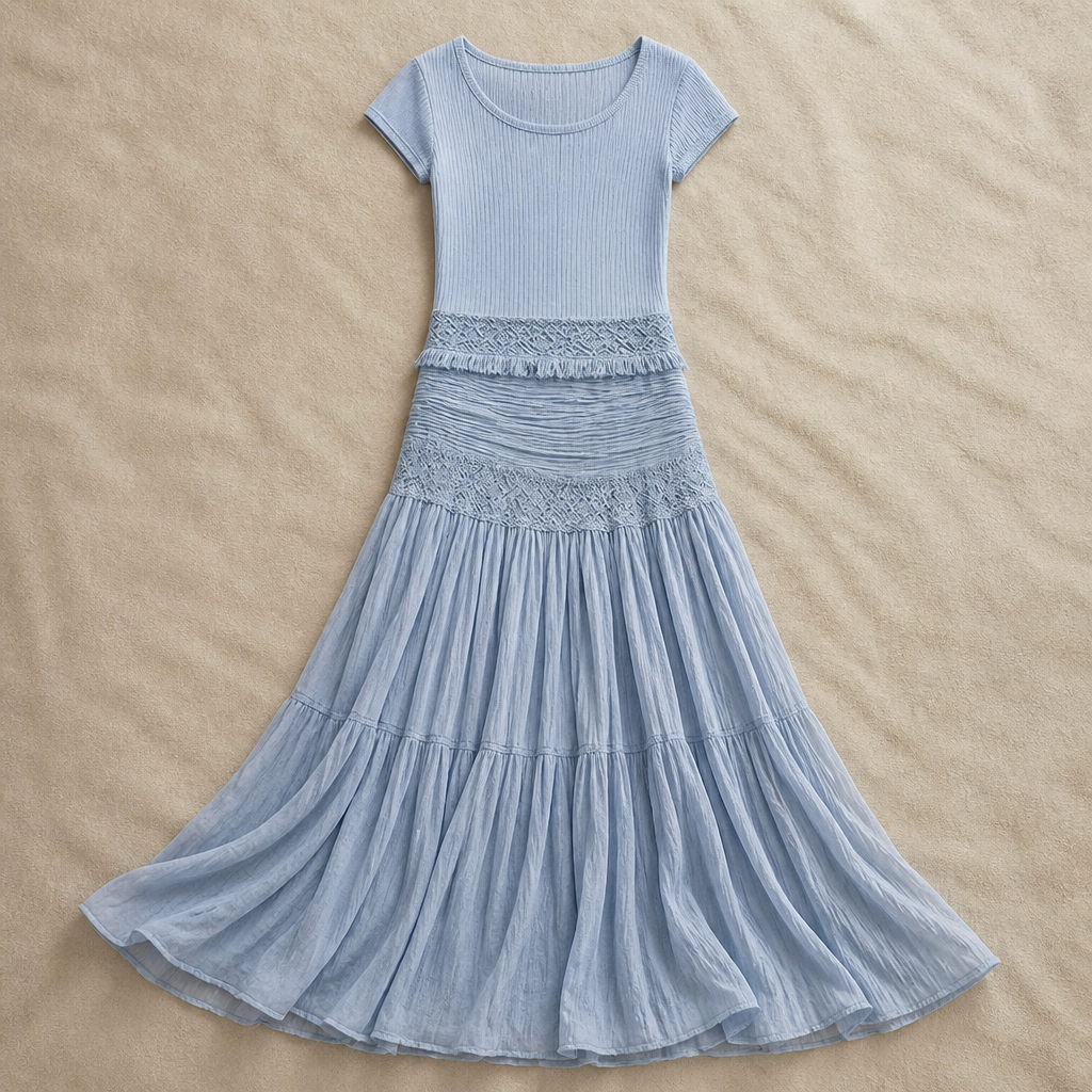 LumaSeren™ – Boho Two-Piece Set with Lace-Panel Tiered Maxi Skirt