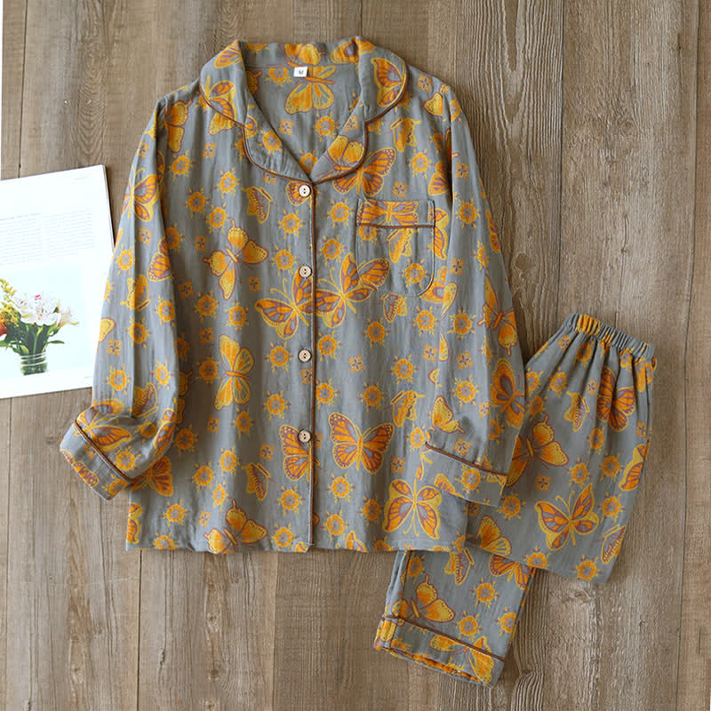Ownkoti Vintage Butterfly Print Cotton Loungewear Set - Grey - XL - image 7