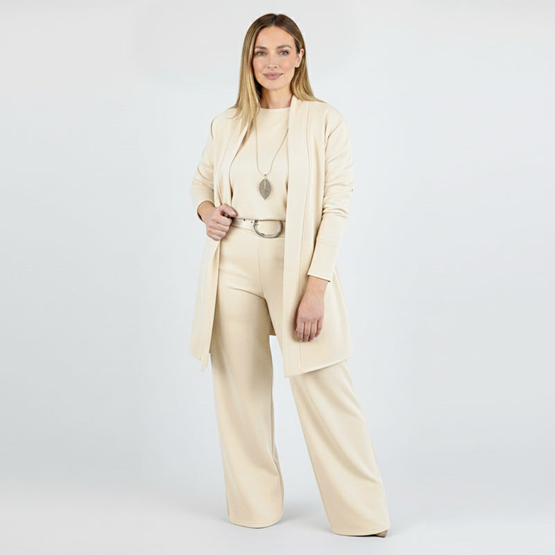 GlideFlex™ – Elegant Three-Piece Knit Set with Longline Cardigan