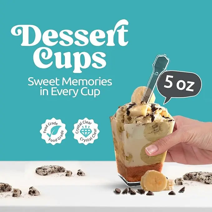 5oz Crystal Plastic Dessert Cups with Lids & Spoons - Disposable Square Parfait Cups for Mousse, Tiramisu, Pudding, Party