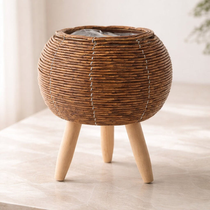 Flower Planter with Wooden Stand | Woven Basket Texture | Suitable for Indoor and Outdoor | Plantara