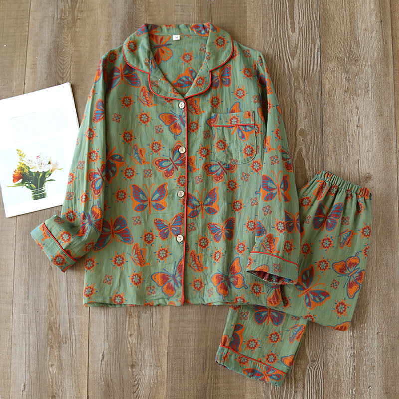 Ownkoti Vintage Butterfly Print Cotton Loungewear Set - Green - XL - image 1