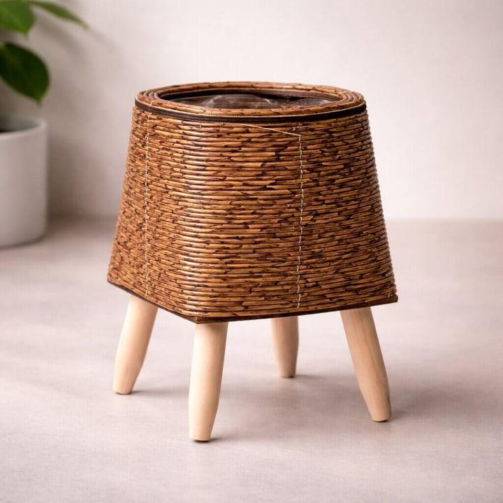 Flower Planter with Wooden Stand | Woven Basket Texture | Suitable for Indoor and Outdoor | Plantara