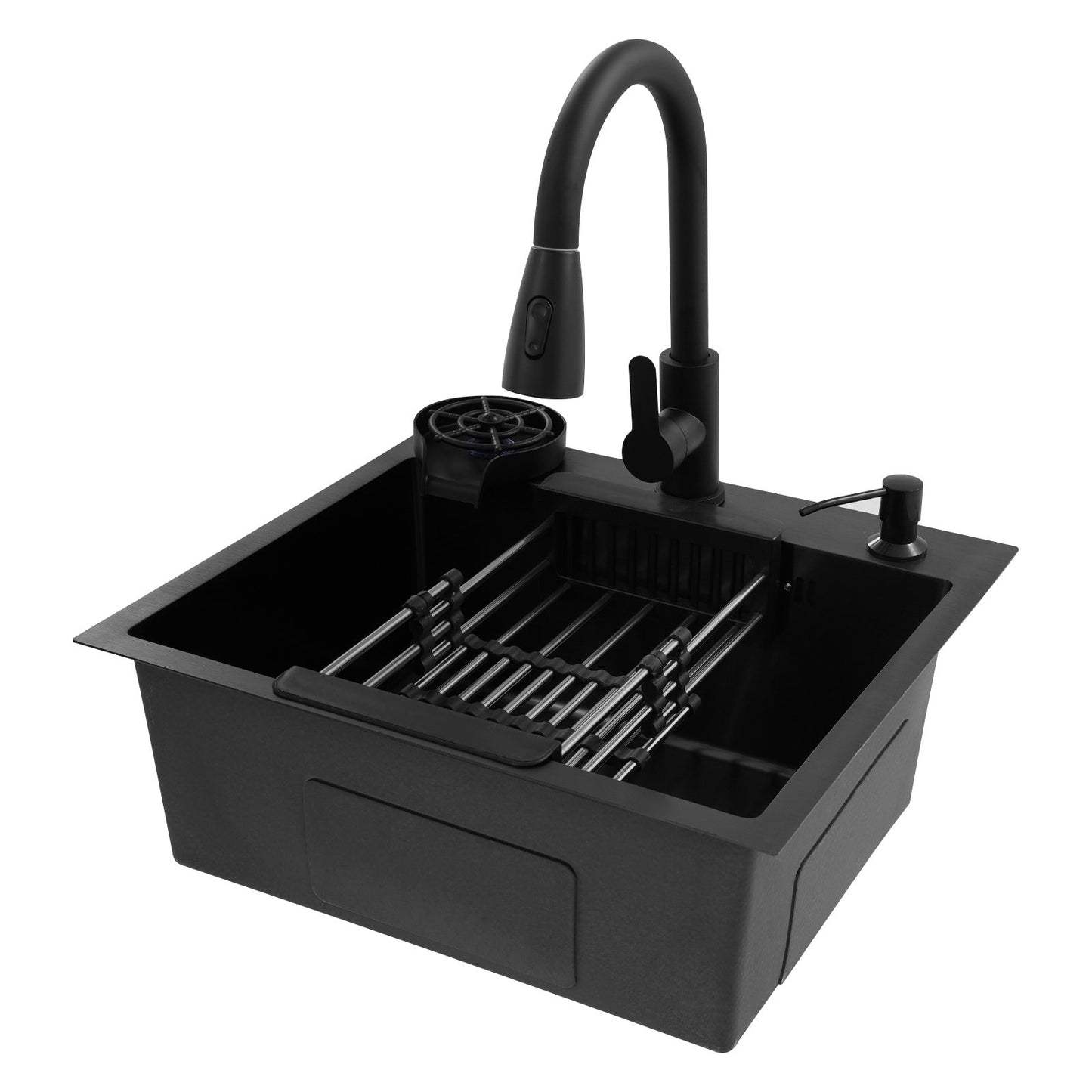 Black Stainless Steel Kitchen Sink with Integrated Accessories and Pull-Out Faucet