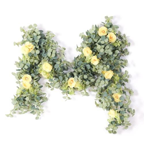 5 pcs 6.5ft Seeded Eucalyptus Garland with Yellow Flowers for Party Wedding Table Decor - If you say i do