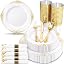 Nervure 350Pcs Gold Plastic Plates, Disposable Dinnerware Set for 50 Guests | 100 White Disposable Plates, 50 Pre Rolled Silverware Set, 50 10oz Cups, Perfect for Wedding, Party, Back to School, BPA-free