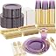 Nervure 350Pcs Gold Plastic Plates, Disposable Dinnerware Set for 50 Guests | 100 White Disposable Plates, 50 Pre Rolled Silverware Set, 50 10oz Cups, Perfect for Wedding, Party, Back to School, BPA-free