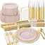 Nervure 350Pcs Gold Plastic Plates, Disposable Dinnerware Set for 50 Guests | 100 White Disposable Plates, 50 Pre Rolled Silverware Set, 50 10oz Cups, Perfect for Wedding, Party, Back to School, BPA-free