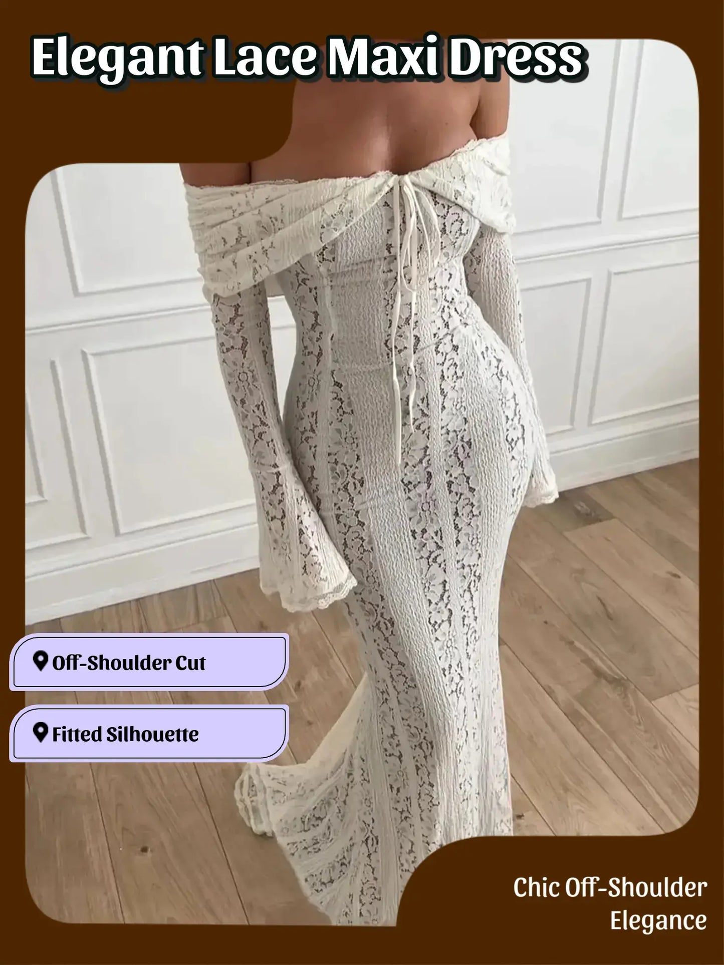Women's Plain Contrast Lace Off Shoulder Dress, Elegant Formal Style Chic Long Sleeve Dress for Party Holiday Wedding Guest Formal Wear